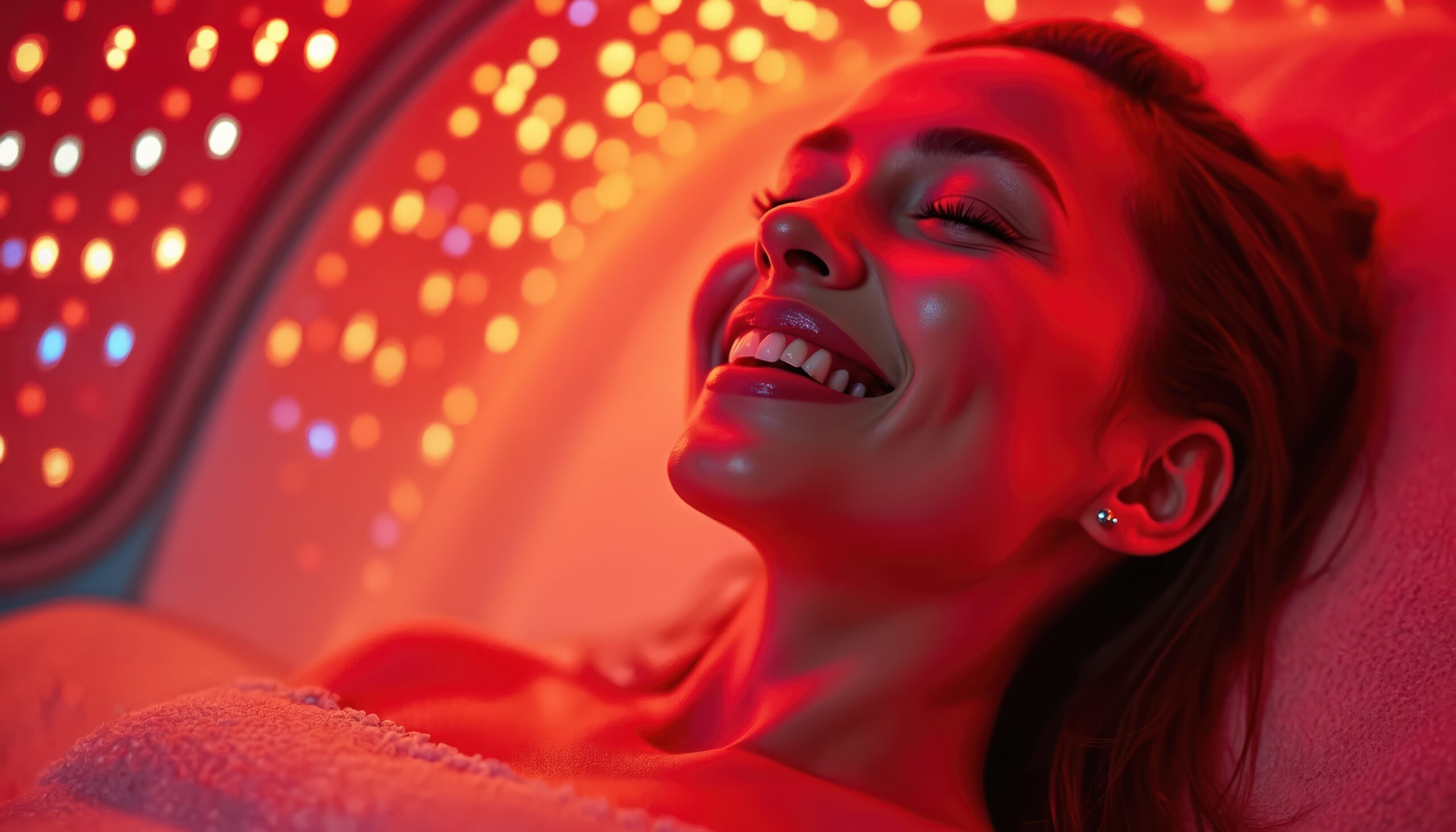 Young woman smiles during red light facial therapy session. She enjoys skin rejuvenation with modern led device. Beauty treatment for face glow and healing. lysterapi LED smuk hud aarhus behandling med ledlysterapi rødlys